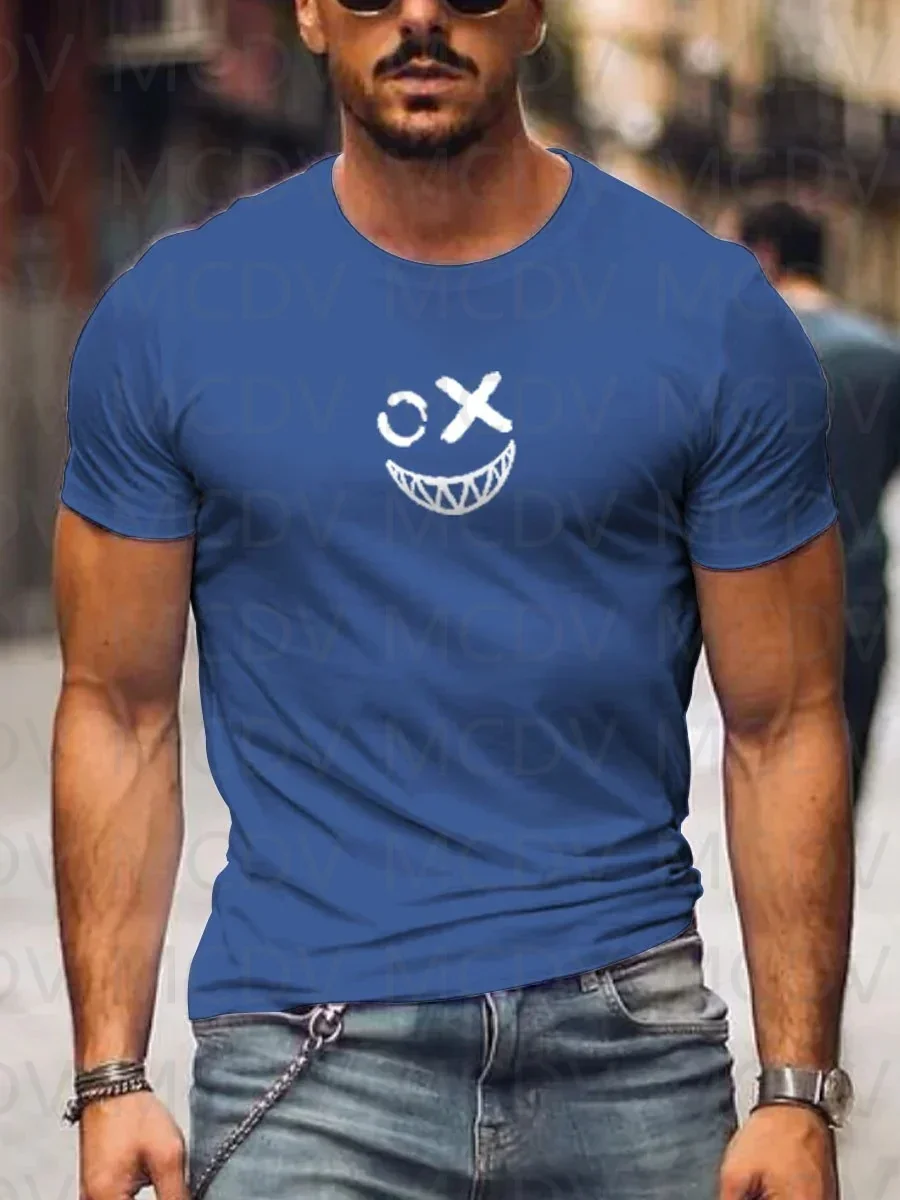 Men's Summer Shorts Sleeve Shirts Fashion Fun Smiley Face Casual Print T-Shirt