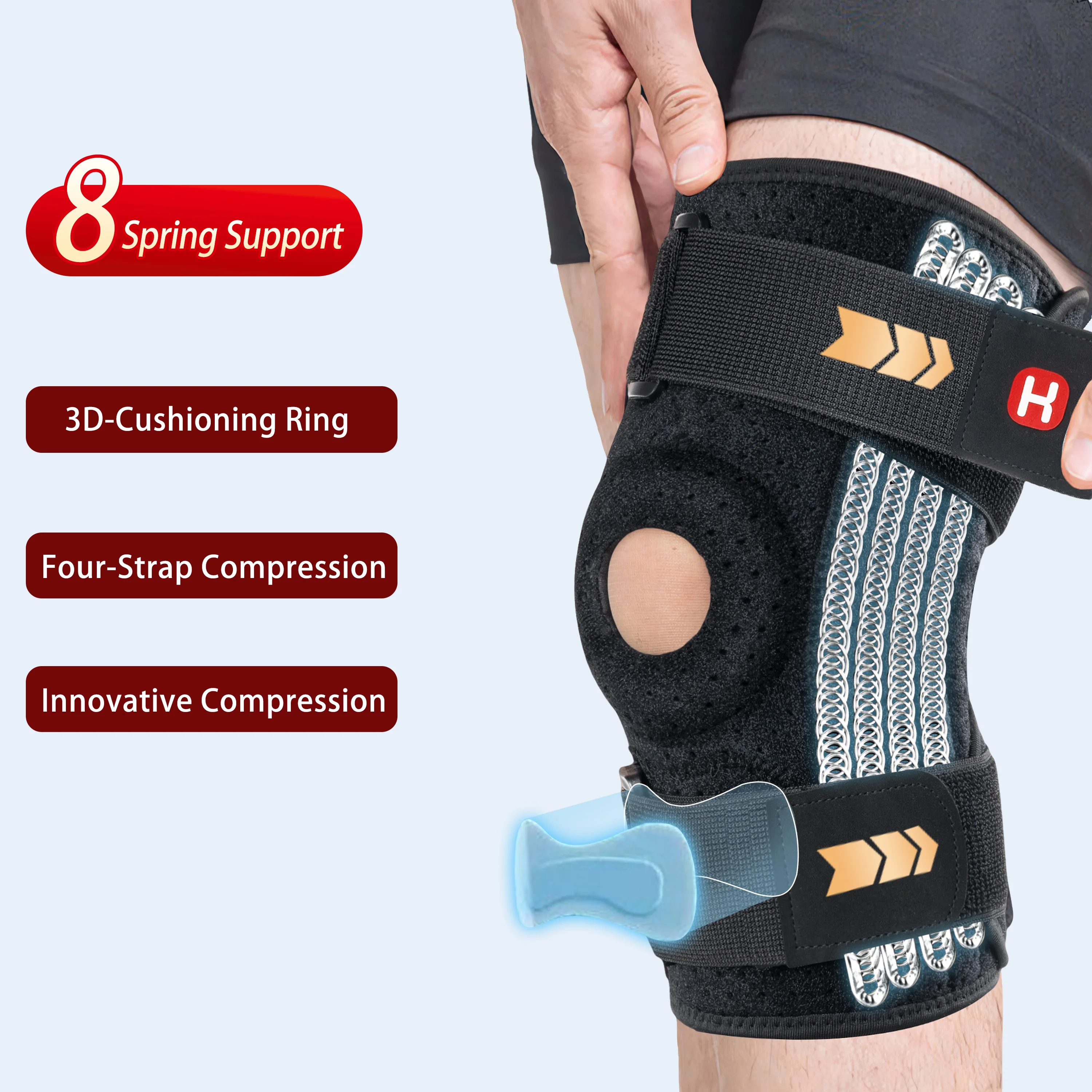 調整可能な8本のスプリングを備えた膝サポーター、クッションパッドと革新的な圧縮調整ストラップ付き