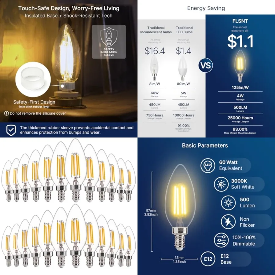

60W Equivalent LED Chandelier Light Bulbs, Dimmable LED B11 E12 Candelabra Base Bulbs,,500LM, 24 Pack