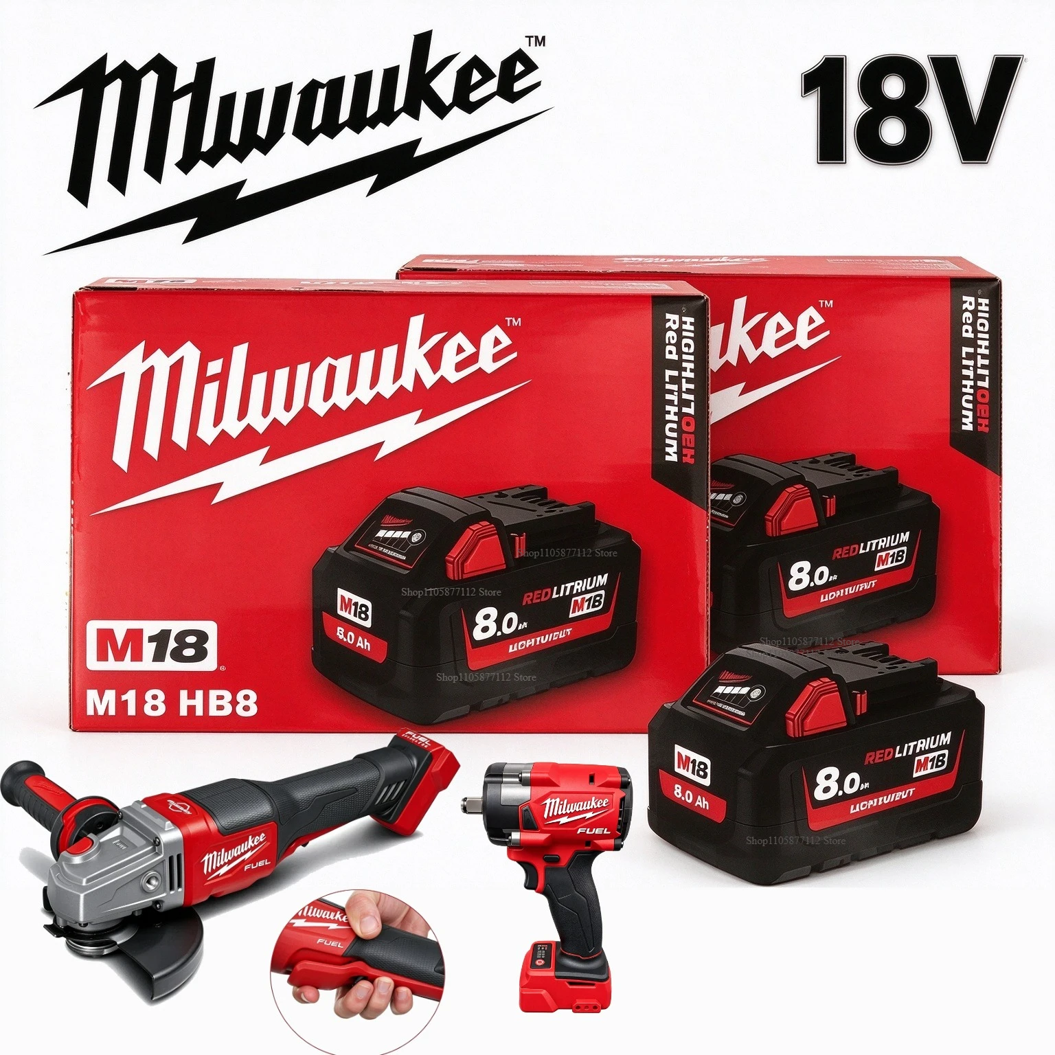 Genuine Milwaukee M18 18V 8.0Ah Lithium Battery for Milwaukee FUEL212 Impact Drill Angle Grinder 18V Cordless Power Tool Battery