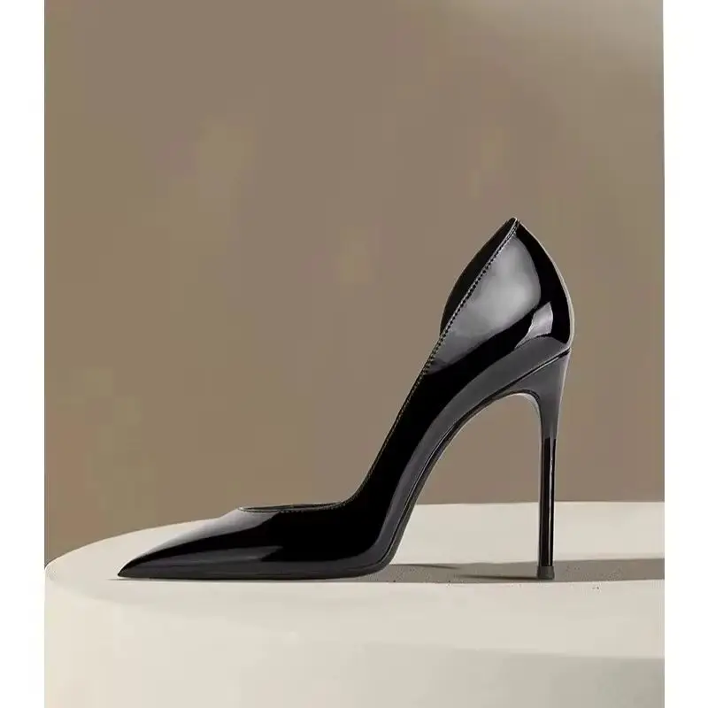 New side empty slim heel versatile high heels, black sexy pointed patent leather professional women's work shoes, single shoes
