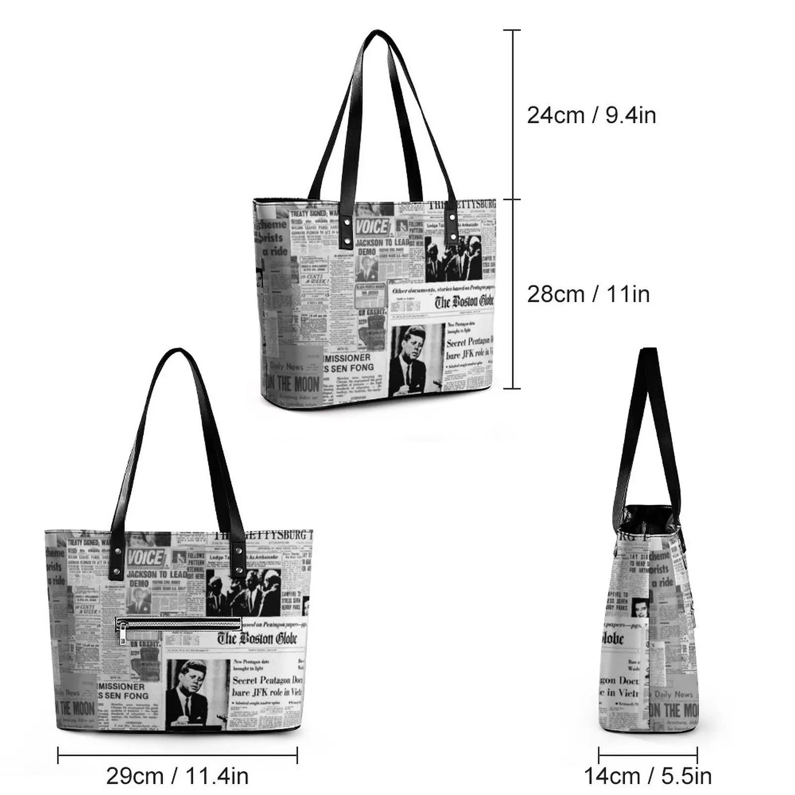 Newspaper Collage Handbags Old American Newspapers PU Leather Shoulder Bag Student Grocery Print Tote Bag Casual Shopper Bags