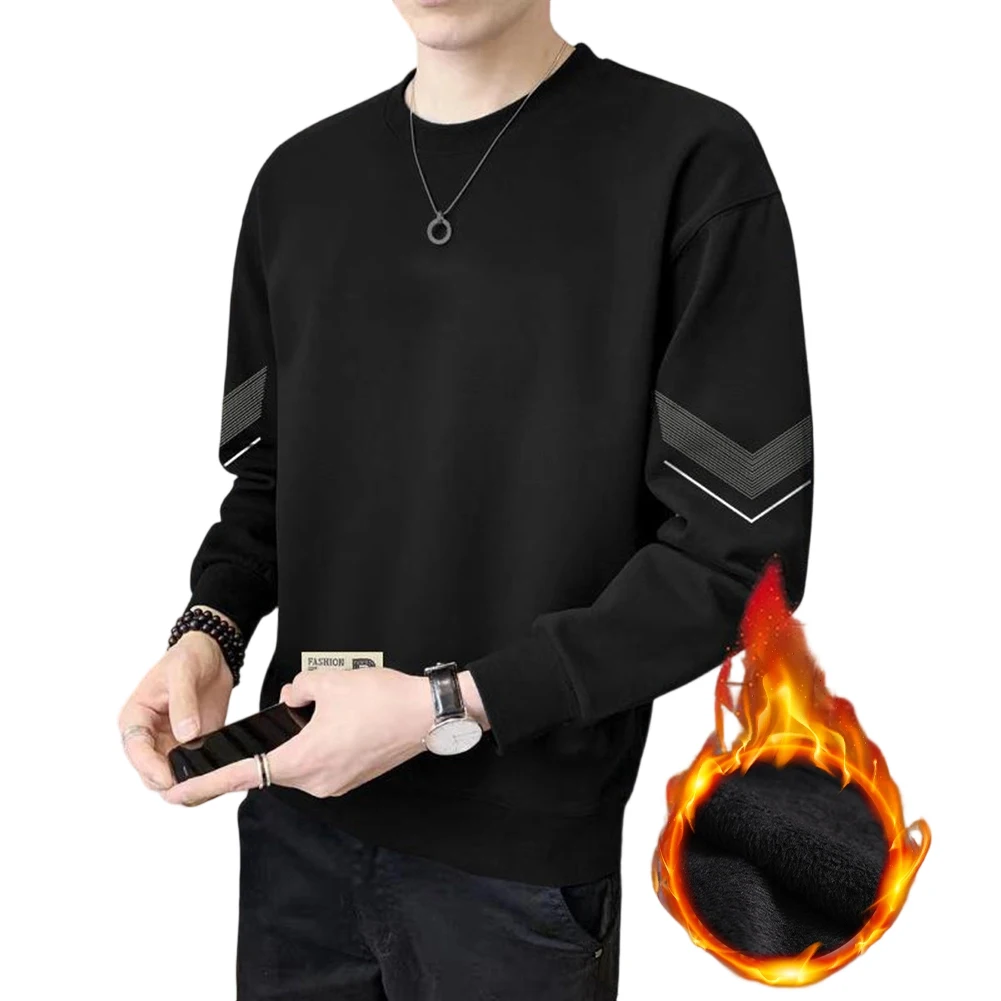 Casual Men's Pullover Sweatshirt with Warm Thick Fleece Fabric Round Neck Long Sleeve Top Designed for Comfort and Versatility