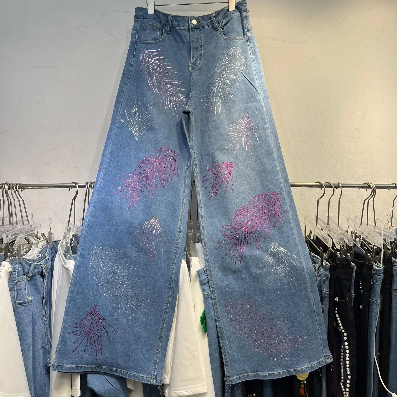 

Summer High-End Design Rhinestone Feather Jeans For Women's Oversized High Waist Slimming Straight Wide-Leg Denim Pants Ladies