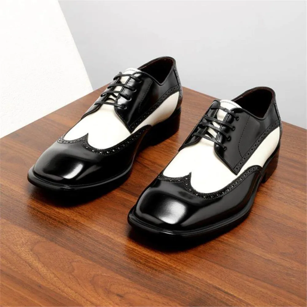 2026 High Men Brogue Dress Shoes British Style Business Genuine Leather Square Toe Shiny Black White Block Derby Shoes