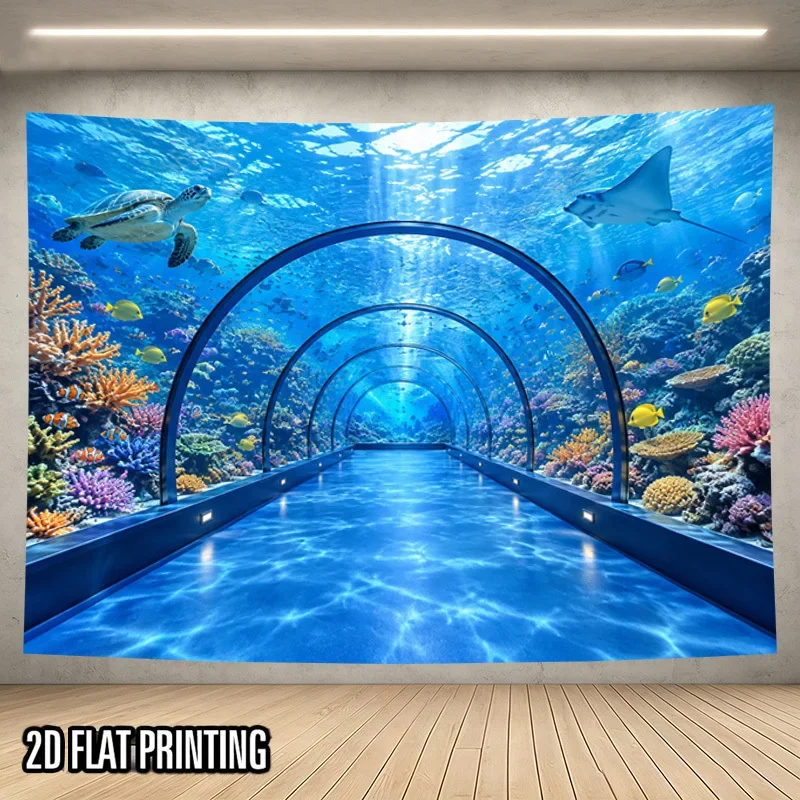 Underwater Aquarium Tunnel Tapestry, Coral Turtle Stingray Fish Wall Hanging for Bedroom Dorm Living Room Ocean Home Decor Cloth