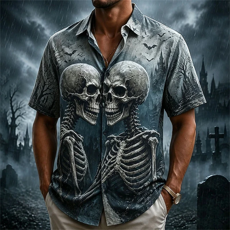 2026 Men's Halloween Short-Sleeve Shirt Skull-Print Short-Sleeve Button-Down Shirt Horror-Style Men's Collared T-Shirt