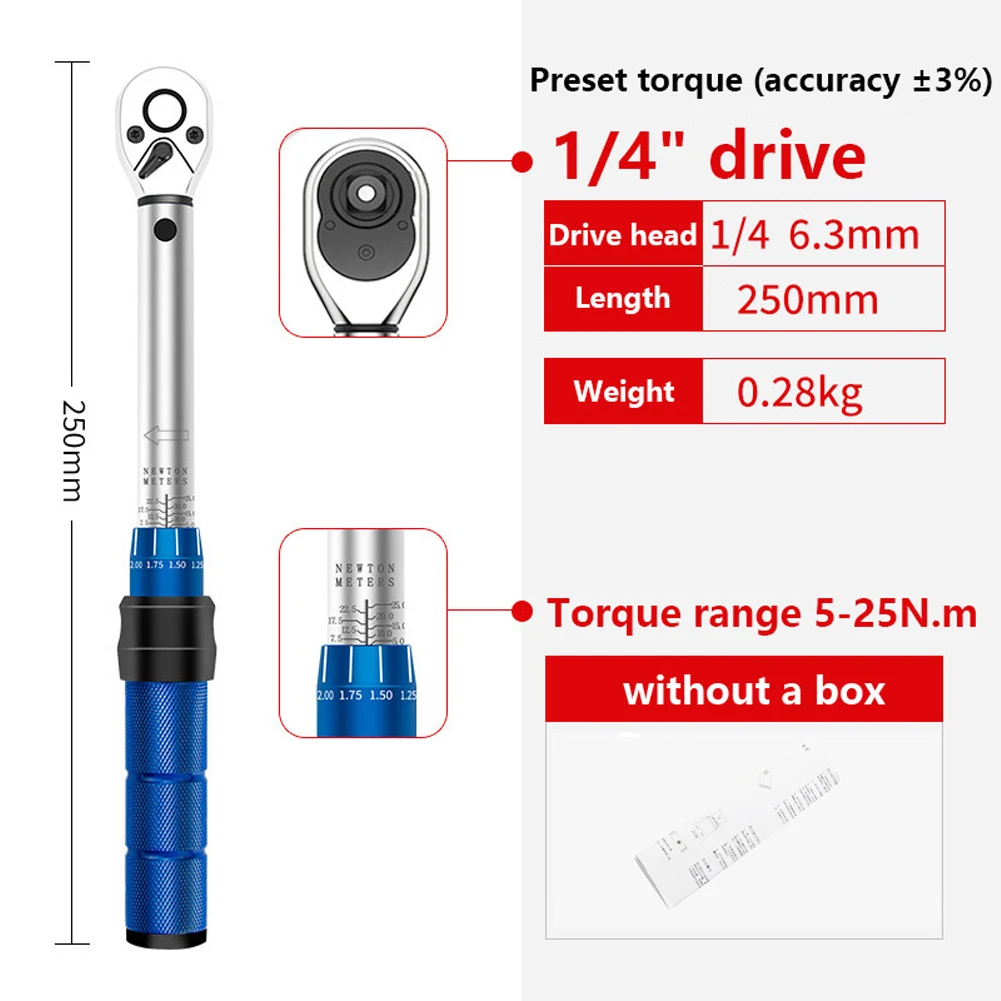 1/4 inch Square Drive Torque Wrench 5-25 Nm High Accuracy 3% Car Bike Repair Hand Tools Spanner Two-way Ratchet Wrench Tool