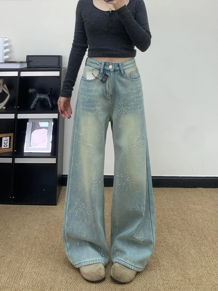 

American High Street Sle Flared Denim Jeans Women's Spring New Faion Design Sparkling Rhinestone Patchwork Floor-Length P...