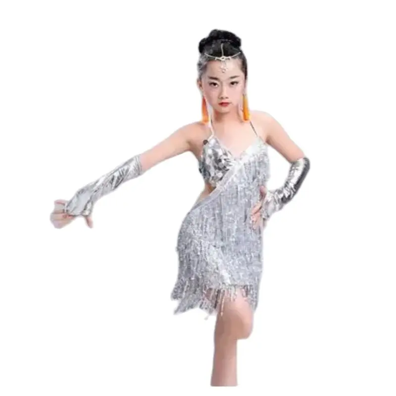 1pcs/lot children sequin latin dress kid sexy halter tassel latin dress girls ballroom dancing dress 4colors