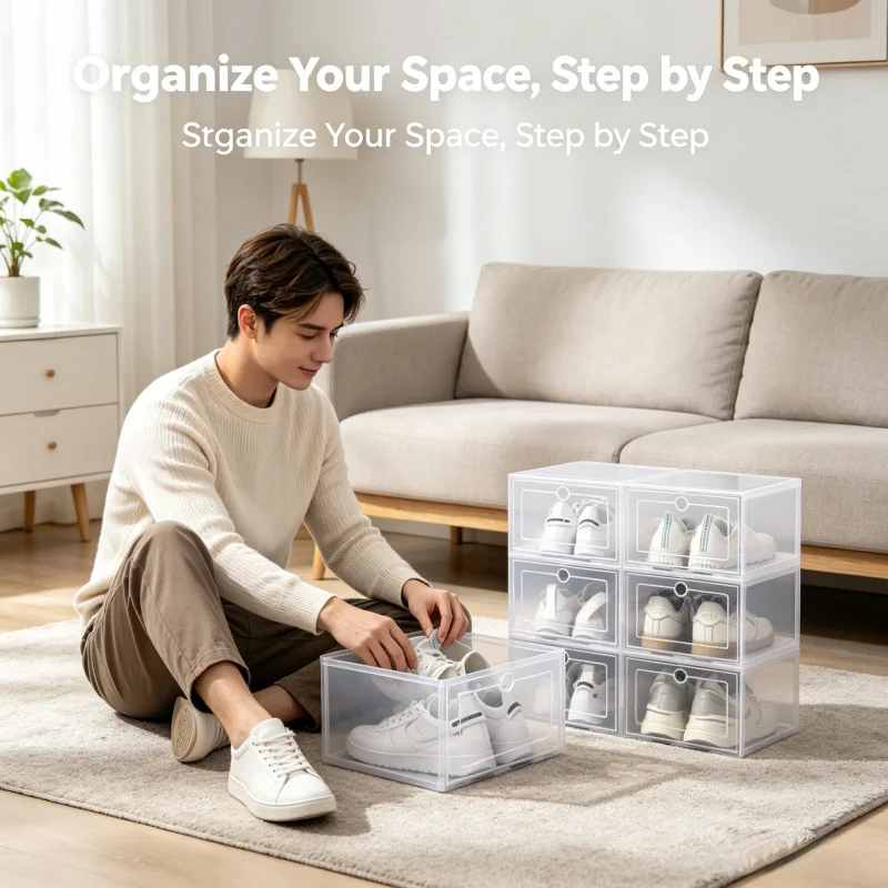 6 Pack Stackable Clear Shoe Storage Organizer Plastic Dustproof Sneaker Boxes Closet Bedroom Entryway Shoe Rack for Women