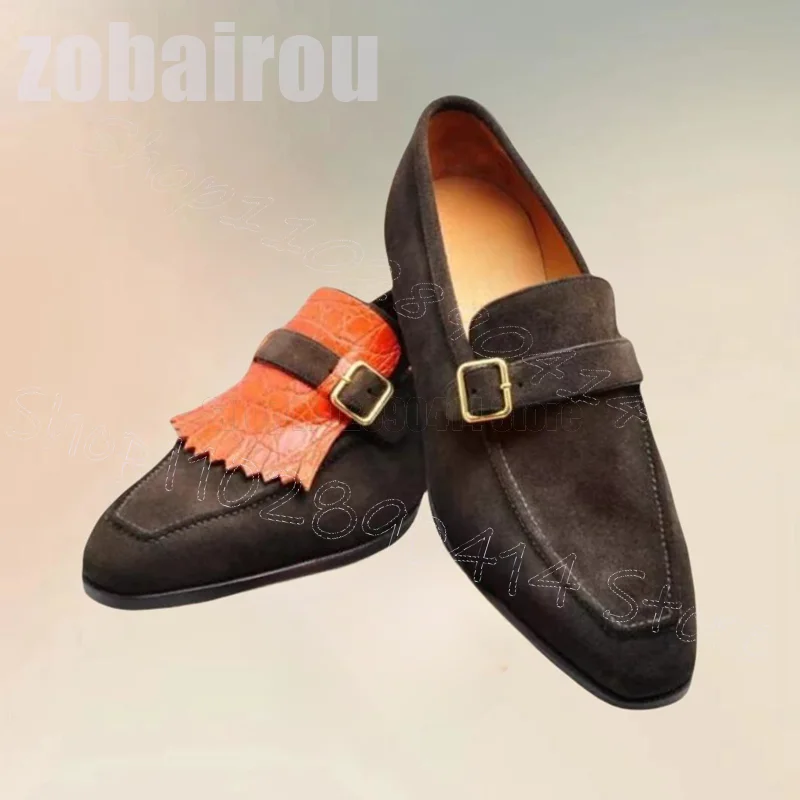 

Orange Tassels Brown Sewing Design Buckle Loafers Fashion Slip On Men Shoes Luxury Handmade Party Feast Dating Men Casual Shoes