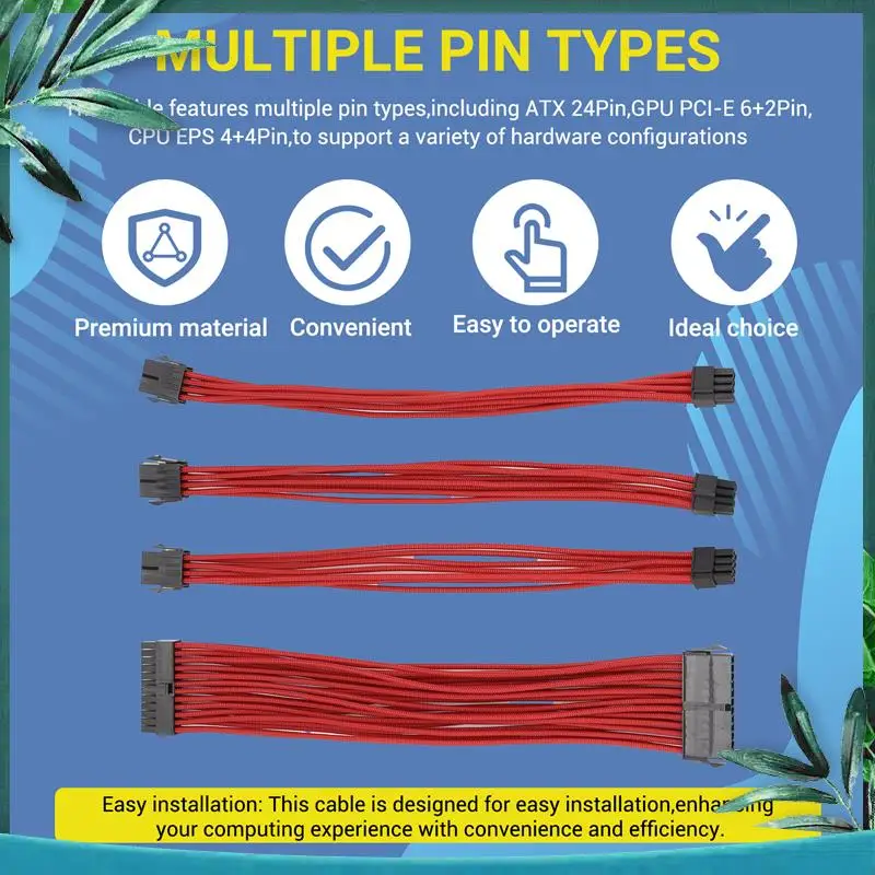 (NEW) 9-Inch Braided Extension Cable Kit Basic Extension Cable For PC Case Comb Included ATX 24 Pin PCIE 6+2Pin CPU 4+4Pin Red