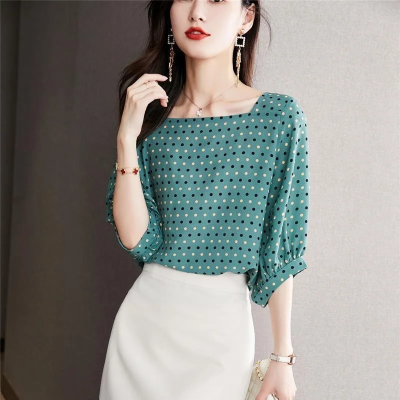 

Women Summer Style Blouses Shirts Lady Casual Short Puff Sleeve Square Collar Polka Dot Printed Blusas Tops ZZ2177