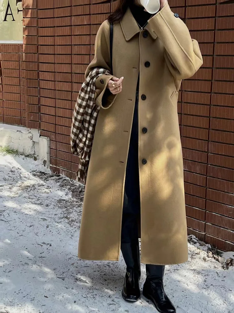 Casual Women Double-sided Cashmere Wool Coat Loose Lace-up Mid-length Turn-down Collar Single-breasted Woolen Coat Autumn Winter