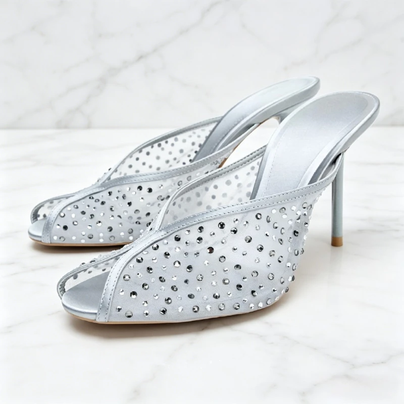 

Luxury Mesh Crystal Detail High-heeled Sandals for Women Sexy Peep-toe Design Slide Sandal Fashion Round-toe Banquet Dress Shoes