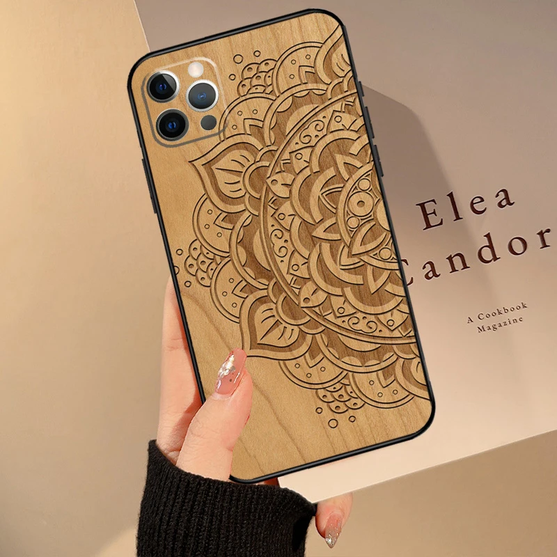 Mandala Floral Wood Funda For iPhone 15 14 13 12 11 16 Pro Max Mini 14 Plus XS Max X XR Phone Case