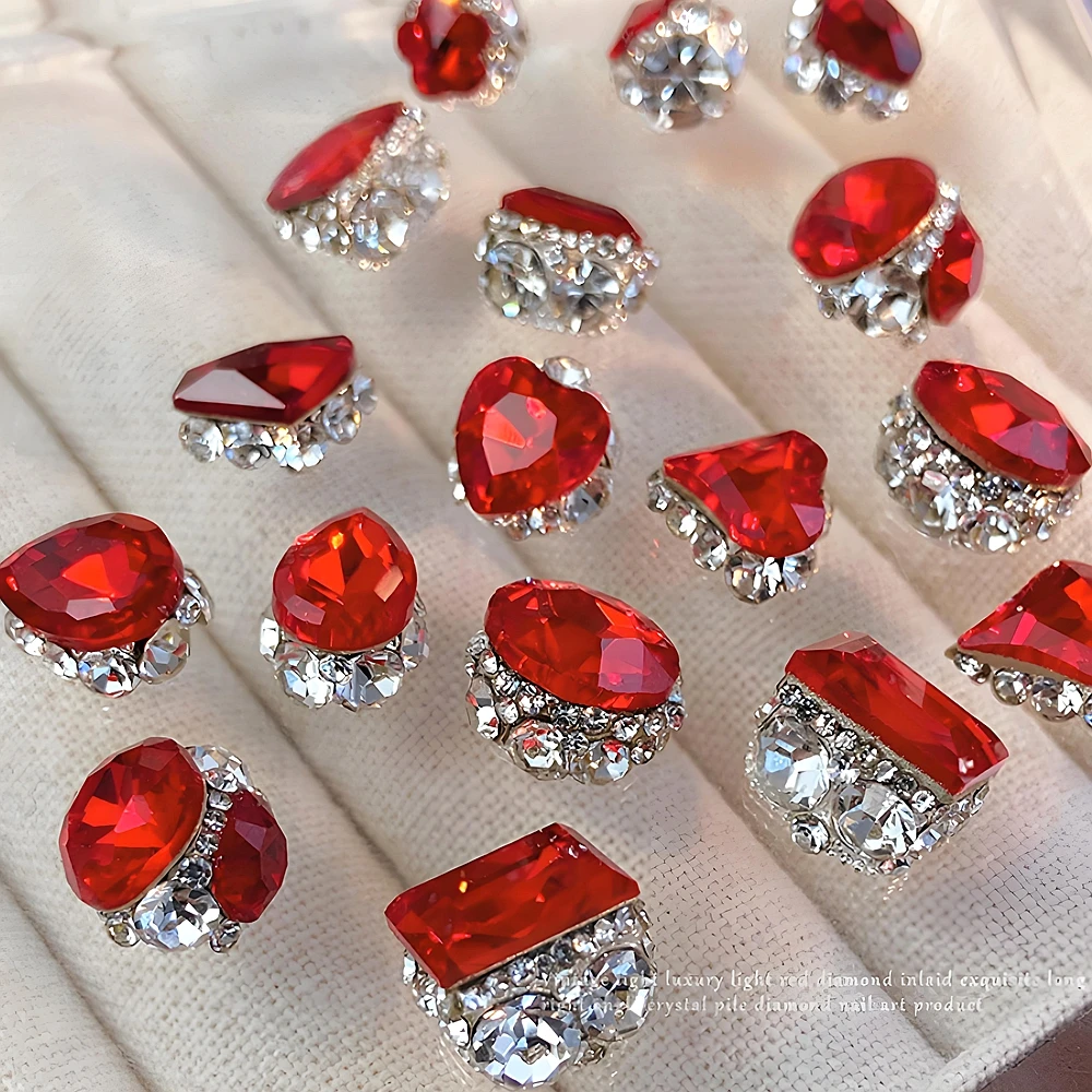 

5PCS Chinese Red 3D Stacked Crystal Nail Rhinestones Ruby Gem Accessories Cluster Diamond Setting Nails Art Decoration Supplies