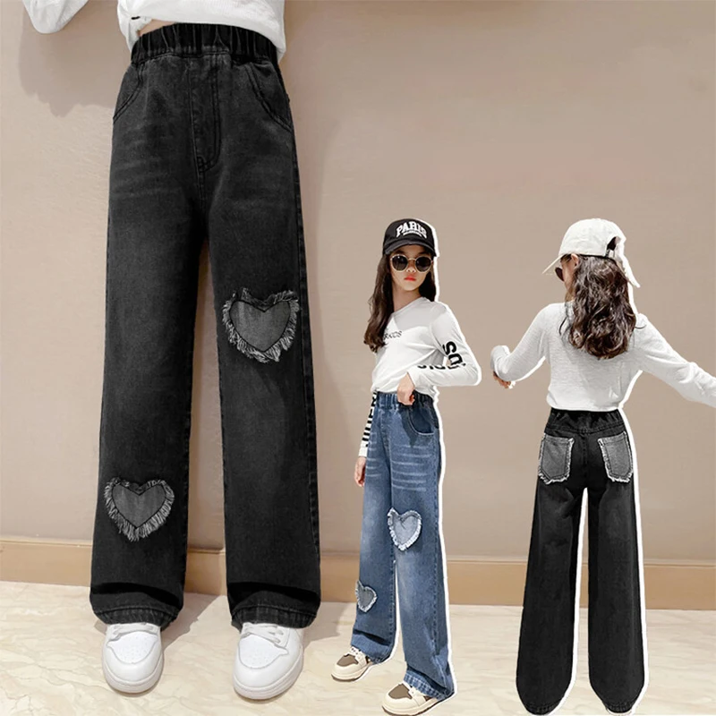 5-14 Years Teenager Girls Denim Wide Leg Pants Children Trousers New Fashion Love Pattern Girls Jeans Spring Autumn Kids Clothes