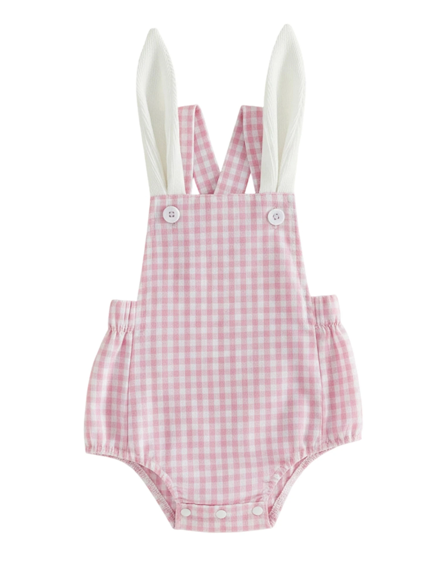

Easter Toddler Girls Bunny Ears Romper Plaid Sleeveless Jumpsuit with Tail Suspender Pants for Baby Girl Spring Outfit