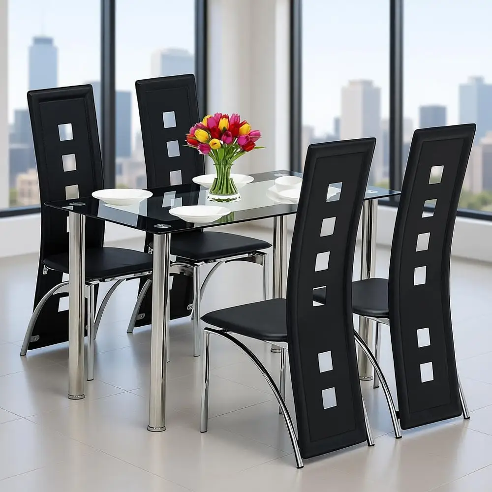 طقم طعام حديث من الزجاج المقسى لـ 4 أشخاص، تصميم مدمج للمساحات الصغيرة، شفاف وأسود، 110 سم مع الفولاذ المقاوم للصدأ وP