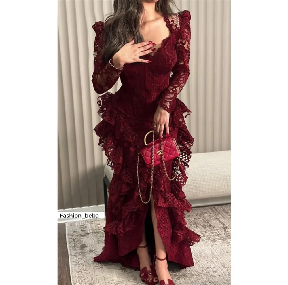 Bella Customized Lace Sexy Mermaid robes de soirée Red V Neck Evening Dresses Valentines Day Floor-Length Draped Wedding Dress