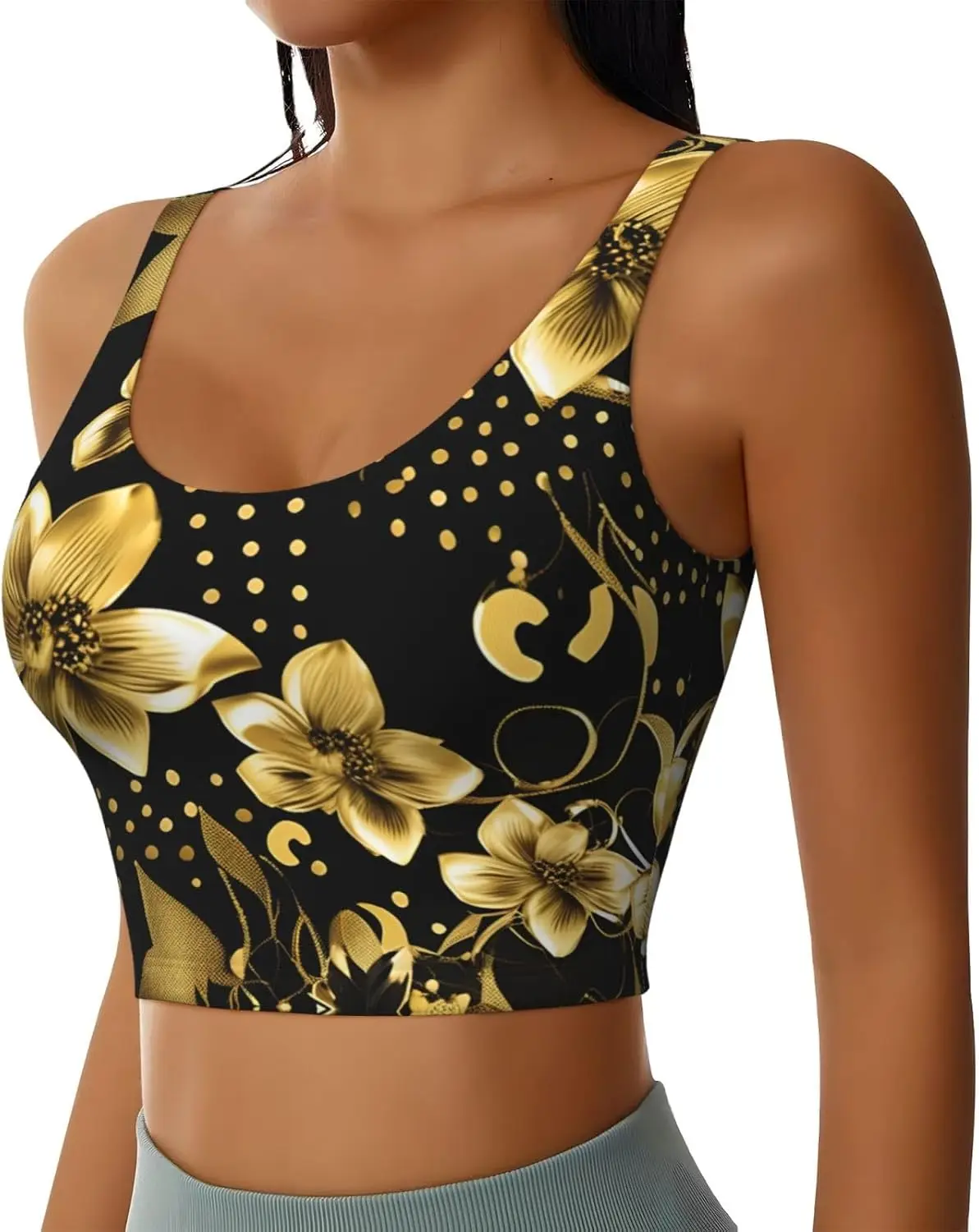 Женские майки для тренировок с черным и золотым цветочным принтом, спортивный жилет без рукавов для тренажерного зала, спортивной йоги