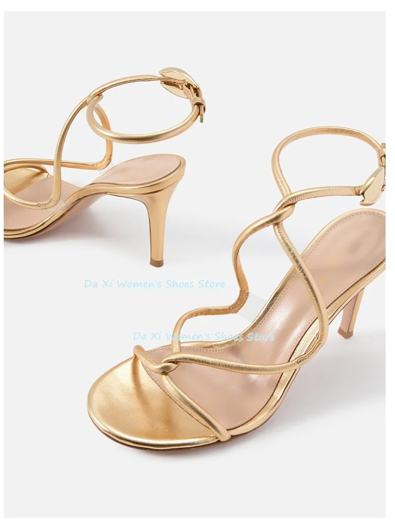 Round Head Gold Open Toes Round Shoelace Cross Winding Ankle Clasp Banquet Women's Shoes Shallow Stilettos Luxury Women's Shoes