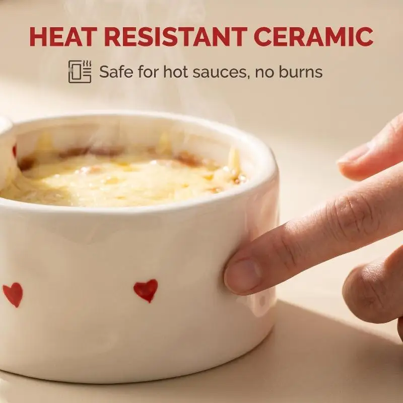 Ceramic Bowl With Integrated Sauce Compartment Cute Red Heart Prints For Daily Snacks Home Party Serving