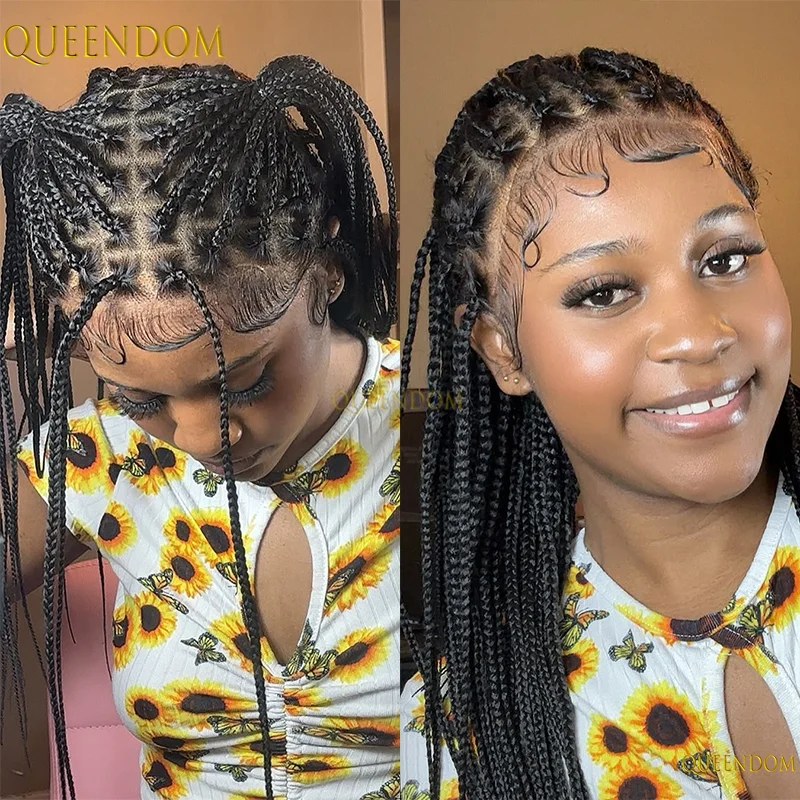 36 "الاصطناعية كامل الدانتيل الجبهة الباروكات مع شعر الطفل Knotless صندوق Cornrows شعر مستعار مضفر للنساء السود الضفائر شعر مستعار أفريقي