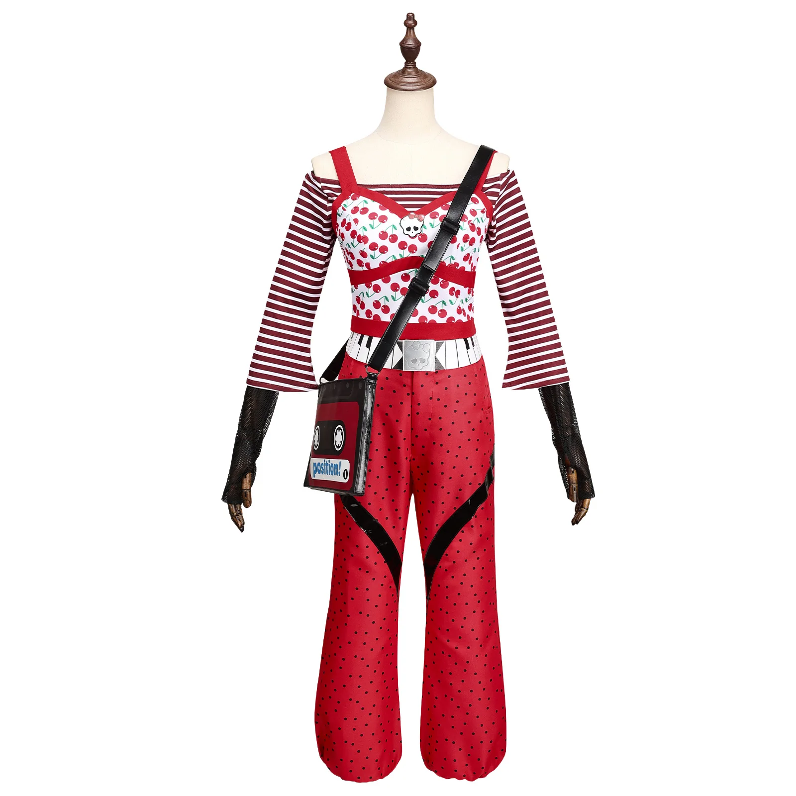 Disfraz de Anime Ghoulia Yelps para mujer, Top a rayas rojas, pantalones, conjunto de bolsa, uniforme Monster High, traje de fiesta de Halloween