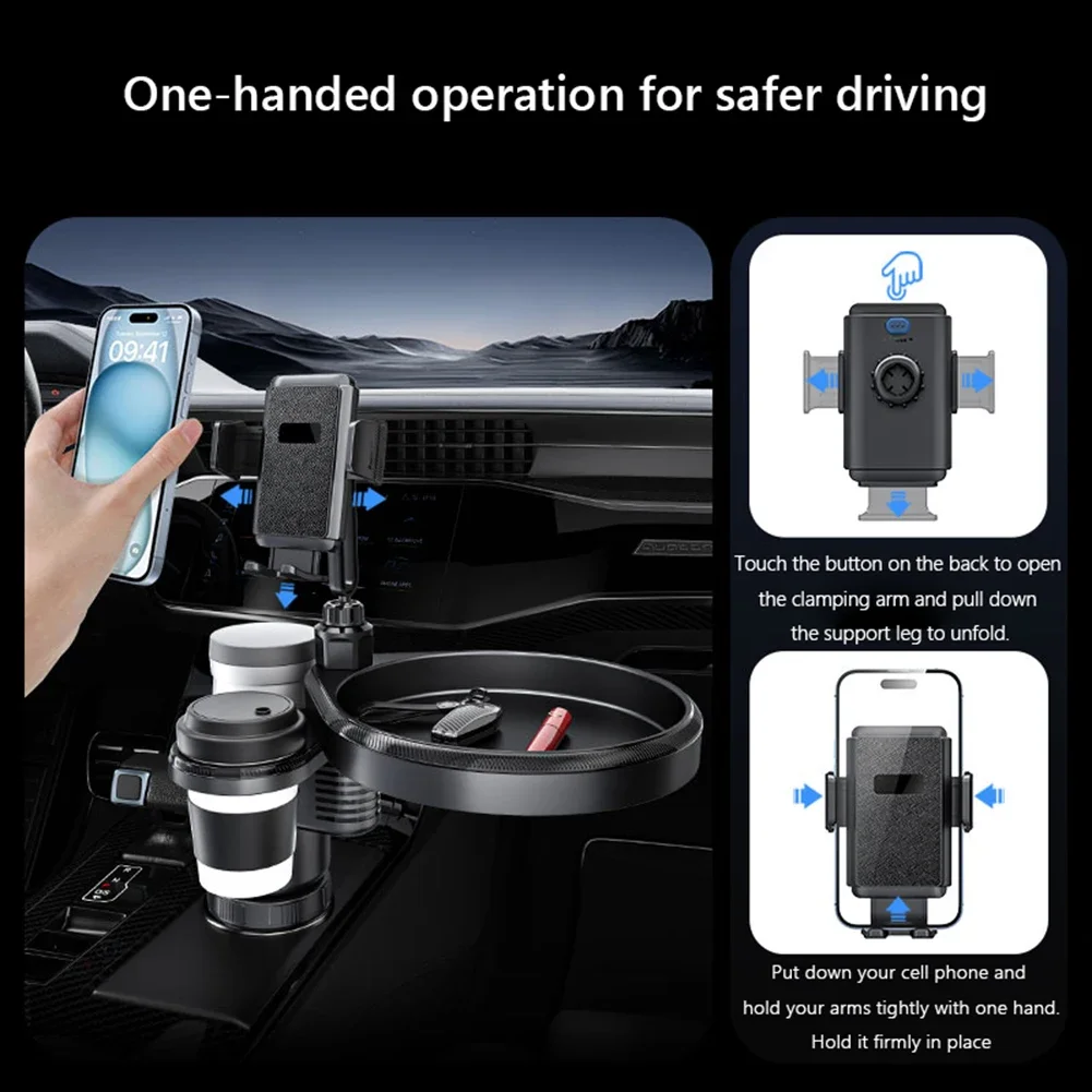 4-in-1 Car Drink Holder 360° Rotation with Phone Holder Car Organizer 2 Cup Holders Road Trip & Car Traveling Essential Gadget