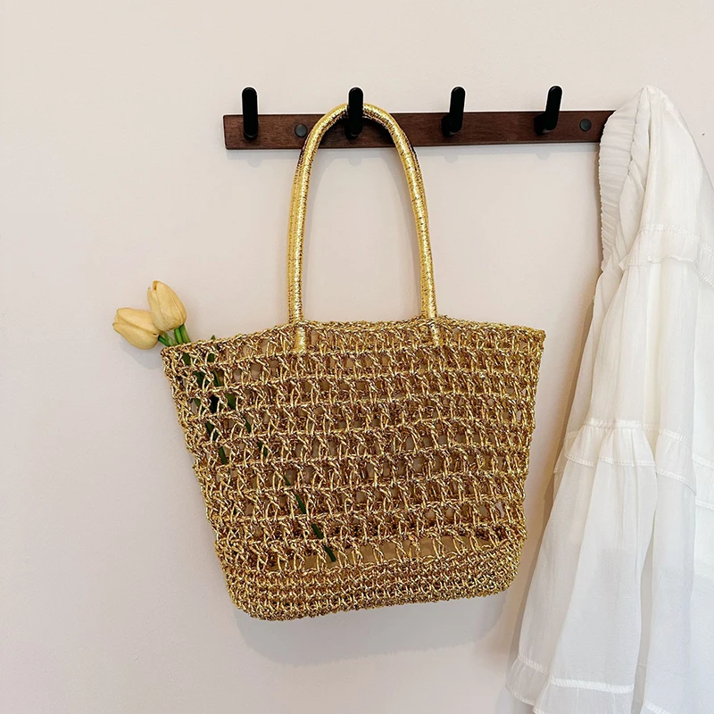 Goldene Hohlgeflechtte Shopper-Markttasche, Damen Casual Chic Strand- und Pendler-Tragetasche, Koreanische Bucket-Handtasche – Detail 13