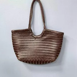 Large size Hand-woven 100% Genuine Leather Woven casual vegetable basket bag Woven Inside Bag Vintage Shopping Bag Tote Bag