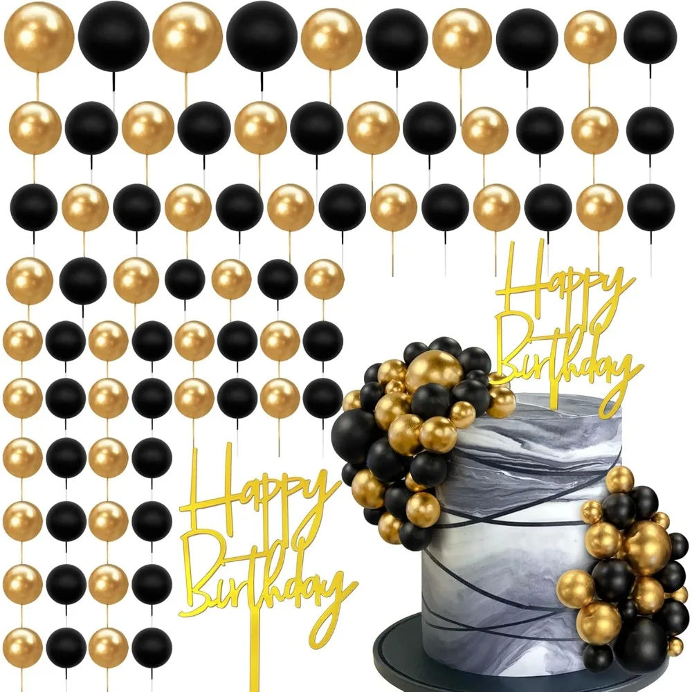 75 peças decorações de bolo preto e dourado bolas cartões de inserção de feliz aniversário para decoração de bolo diy chá de bebê casamento