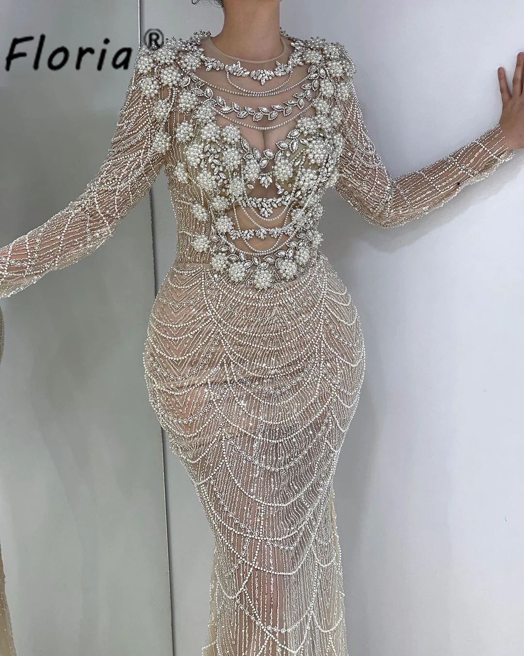 Champagne Pearls Crystal Evening Dress Floral Beads Sequins Formal Party Wedding Dress For Dubai Woman 2024 Vestidos de noiva