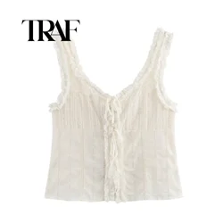 TRAF Cozy Women Summer Camisole Lace Up Sweet Outfit Women Cropped Tops Straps Rufflled Hem Tied Front Comfy Tanks ﻿