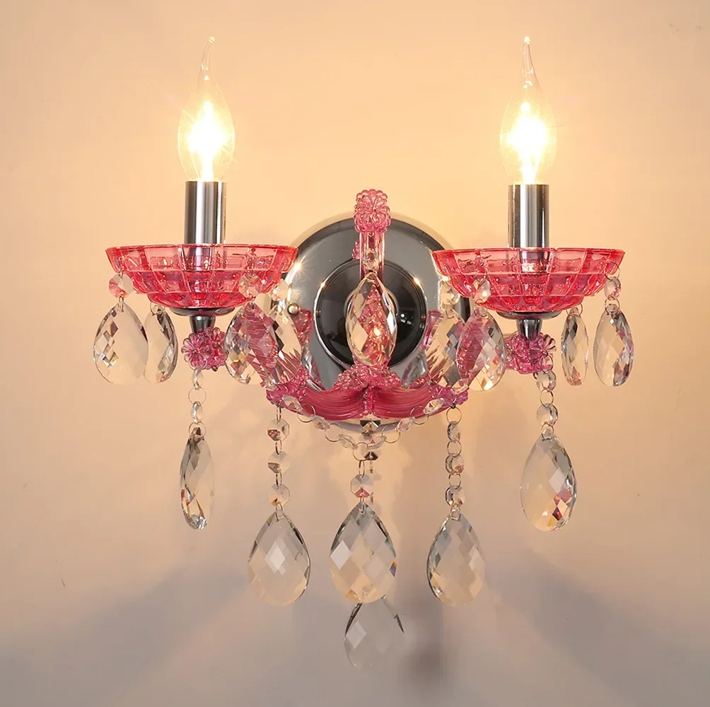 

European-style children's room bedside wall light Pink corridor living background dining crystal lamp