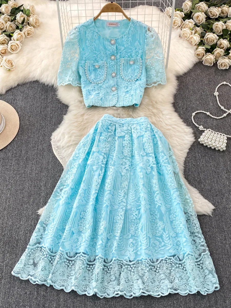 Summer Women\'s Sweet Lace Embroidery Skirt Suits 2piece Luxury Design Lace Short Sleeve Shirt Top And Knee-Length Skirts Outfits