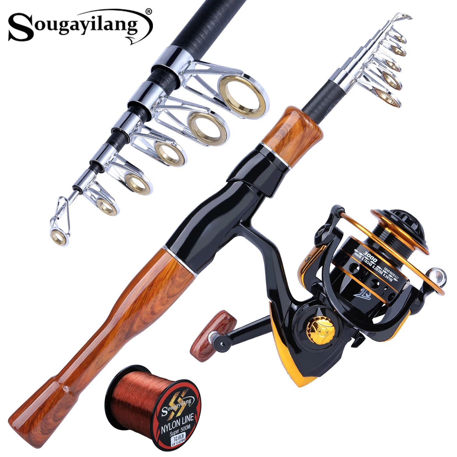 Sougayilang Fishing Rod Reel Combo High Sensitivity Fiberglass Telescopic Fishing Rod 5.2:1 Gear Ratio Spinning Reels Set Pesca