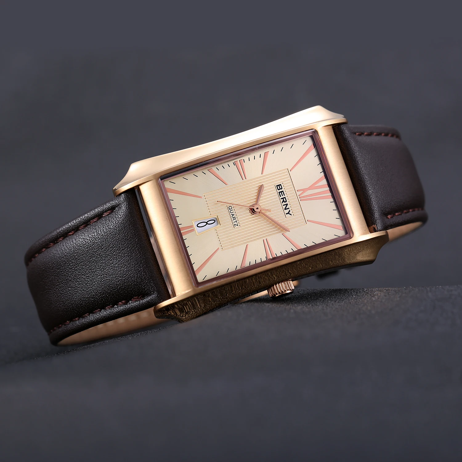 BERNY Watch for Men Rectangle Japan Quartz Wristwatch Waterproof Business Rectangular Dress Male Clock Top Genuine Leather Strap