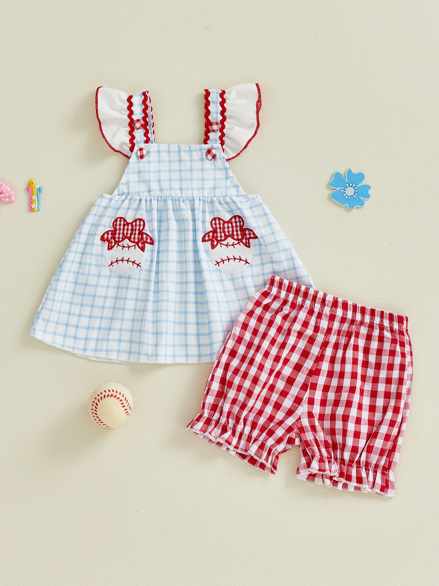 مجموعة ملابس رائعة للفتيات الرضع مع قميص وسروال قصير مطرز بالبيسبول ذو مربعات أنيقة - مجموعة أزياء مكونة من قطعتين #4