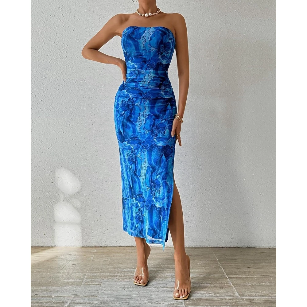 

Women Fashion Abstract Print Casual Strapless Bodycon Maxi Dress Summer Femme High Split Slim Waist Party Dress Vacation Outfits