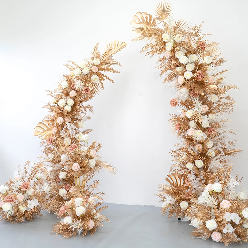 JAROWN Wedding Decoration Golden Leaves White Rose Floral Arrangement Horn Arch Decor Floor Flower Row for Party Stage Props