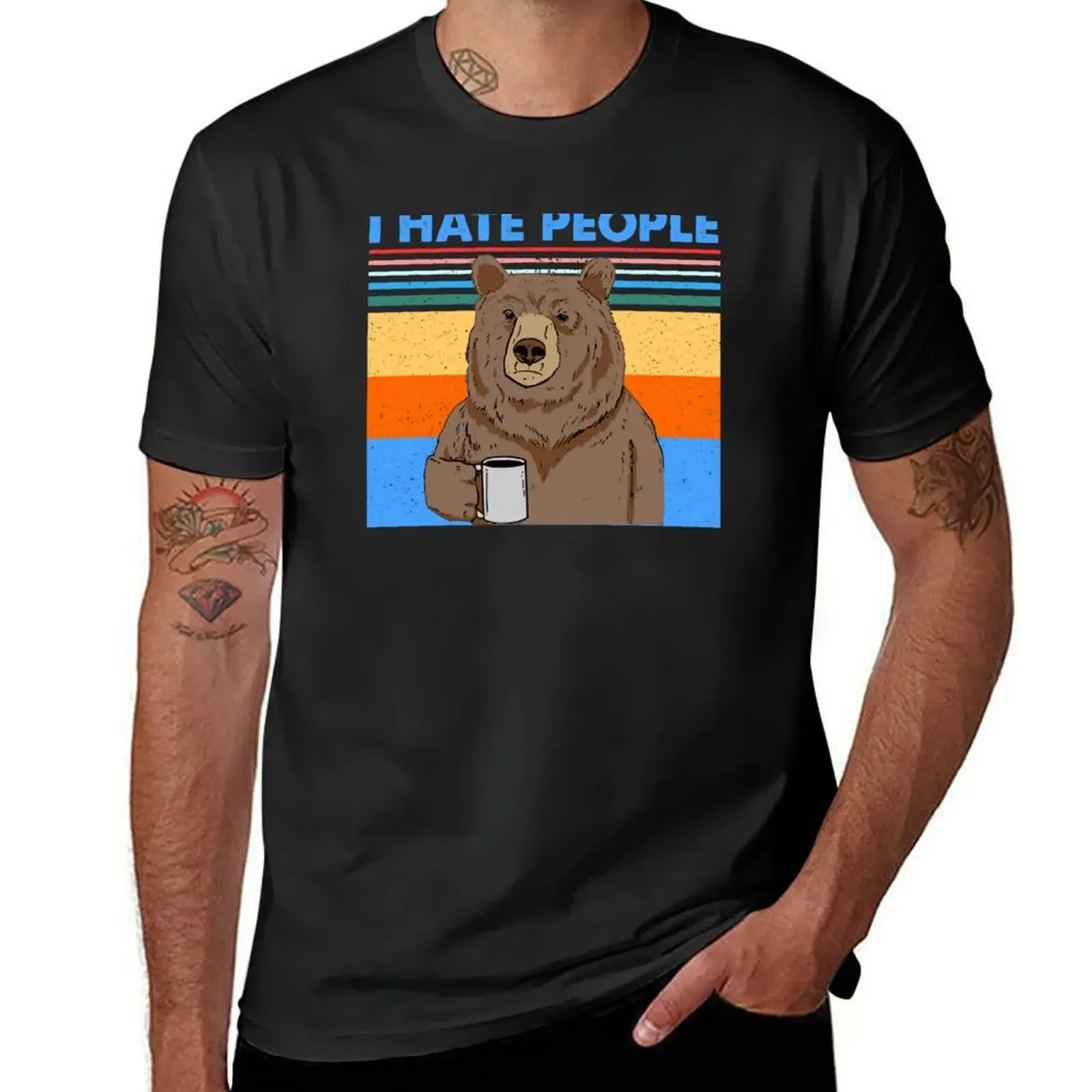 Bear Drink Coffee I Hate People T-Shirt plain anime clothes vintage graphic tee fitted t shirts for men