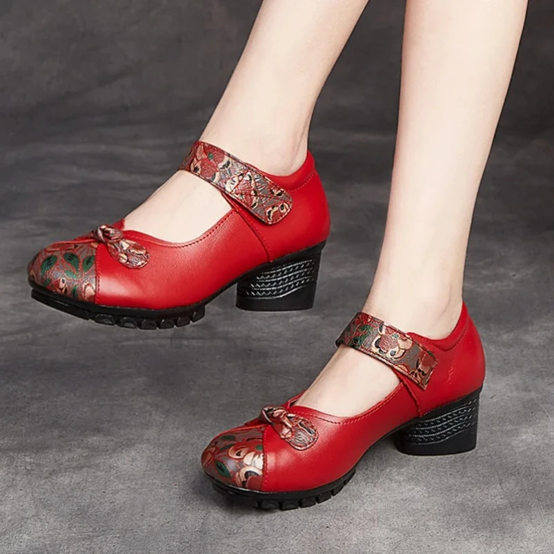 

2025 5 см новая женская обувь из натуральной кожи с принтом ручной работы и цветком в этническом стиле на крючках на мелком каблуке, весенне-осенне-летняя обувь