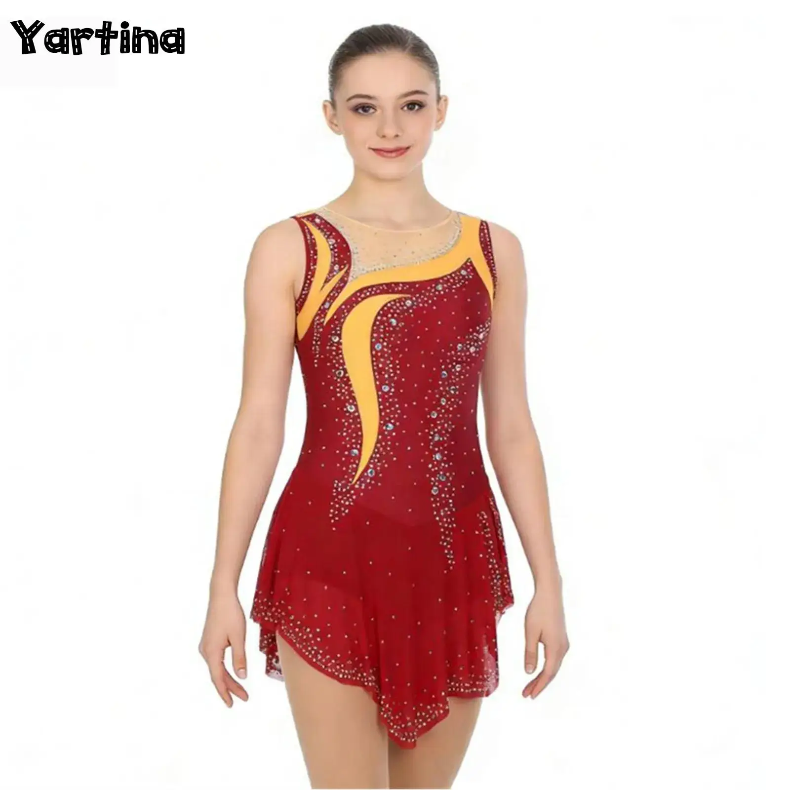 

Womens Adult Ballet Leotard Jersey Rhythmic Shiny Rhinestones Gymnastics Figure Skating Costume Slit Lyrical Dance Overlay Dress