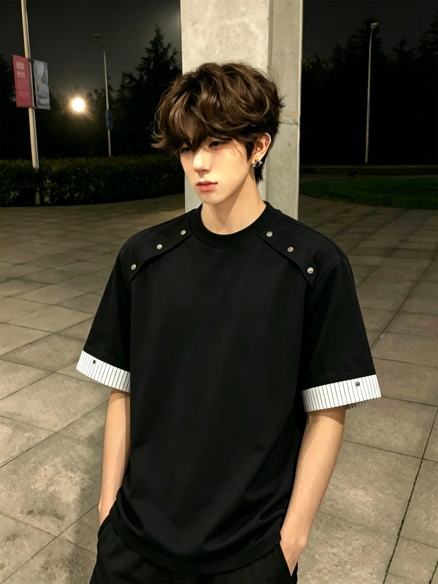 Deconstructed Patchwork Short Sleeve Men's T-Shirt Rivet Design Summer Sculpture Pattern False Two-Piece Shoulder-Length Half...