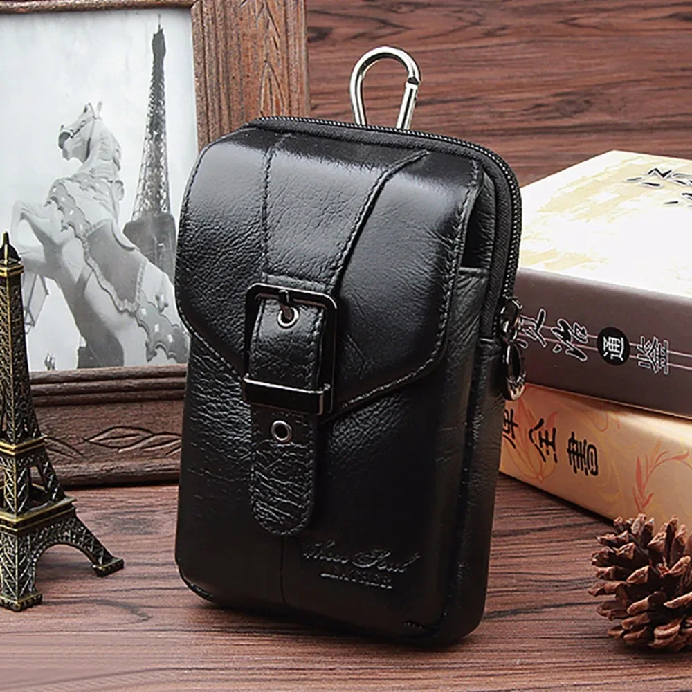 Men Cell Mobile/Phone Case Hook Money Bag Real Cowhide Small Bag Hip Belt Purse High Quality Genuine Leather Fanny Pack Waist