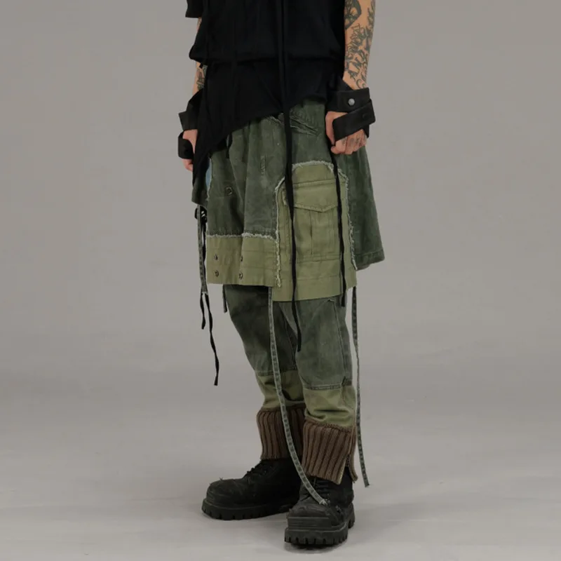 HKSH Spring Autumn New Man Waste Land Style Deconstructed Vintage Layered Skirt-Pants Slim Casual Cargo Pants Denim Trend HK8745
